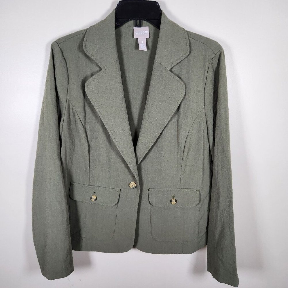 Chicos Jacket Womens 1 Medium Army Olive Green Stretch Lightweight Blazer